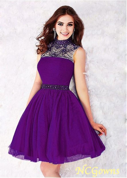 A-Line Pleat Purple  Tulle Fabric Short Mini Hemline High Collar Neckline Short Dresses