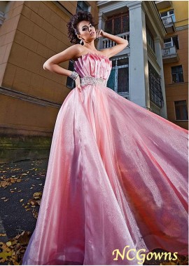 Strapless Pleat Rhinestones Tulle  Stretch Satin A-Line Prom Dresses