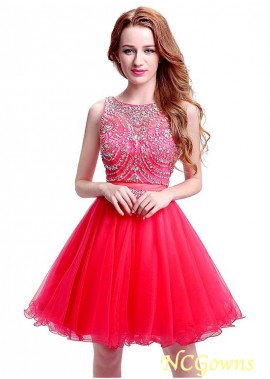 A-Line Tulle Red Tone Pleat Jewel Neckline Short Dresses