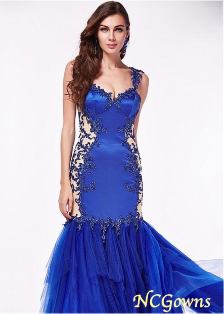 Tulle  Satin Fabric Floor-Length Hemline V-Neck Blue Tone Prom Dresses T801525414031