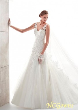 Ncgowns Natural Waistline Polka Dot Tulle  Satin Fabric Sleeveless V-Neck Wedding Dresses