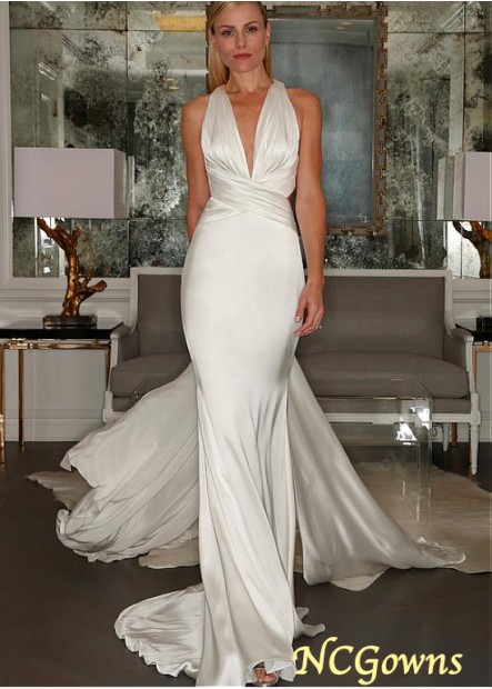 Ncgowns Charmeuse Satin Sleeveless Natural Waistline Full Length Halter Wedding Dresses T801525321614