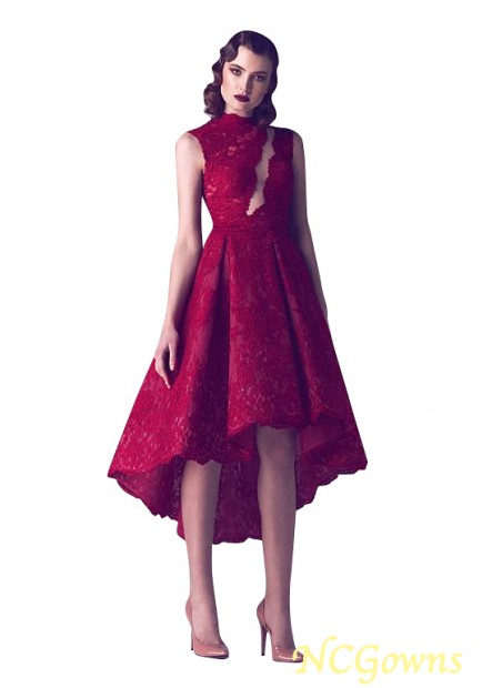 Red Tone Color Family Pleat Skirt Type High Collar Tulle  Lace A-Line Color