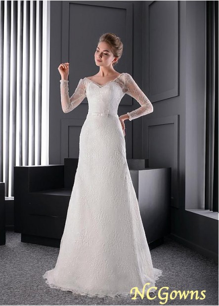 A-Line Natural Long V-Neck Sweep 15-30Cm Along The Floor Illusion Wedding Dresses