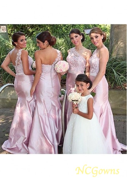 One Shoulder Pink Color Family Natural Full Length Bridesmaid Dresses