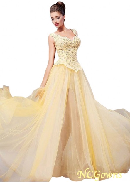 V-Neck Neckline Tulle  Pongee Fabric Pleat Yellow Tone Prom Dresses