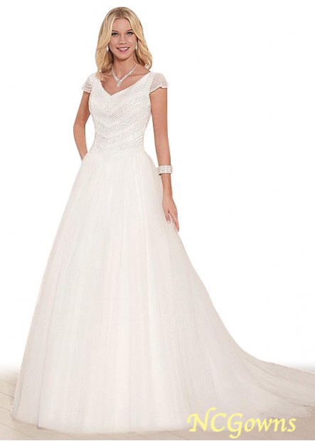 Tulle Fabric V-Neck Short Sleeve Length Full Length Wedding Dresses