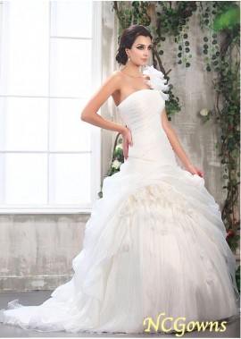 Organza Satinsatintulle Full Length Dropped One Shoulder Wedding Dresses