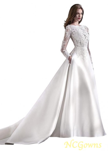 Ncgowns A-Line Long Illusion Sleeve Type Tulle  Satin With Sleeves