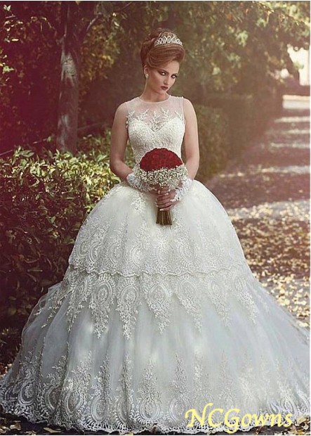 Tulle Dropped Jewel Neckline Full Length Wedding Dresses