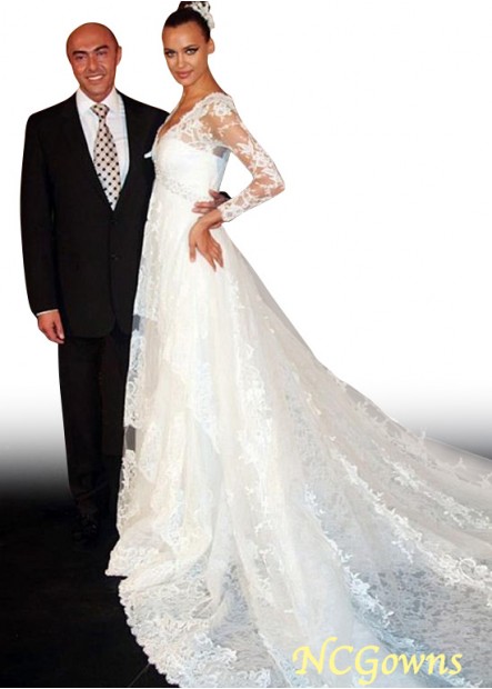 Long Sleeve Length Raised A-Line Silhouette Tulle  Lace Fabric Beach Wedding Dresses