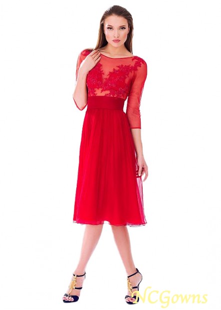 Knee-Length Hemline Red Tone Silk-Like Chiffon  Tulle Fabric Bateau Neckline Style