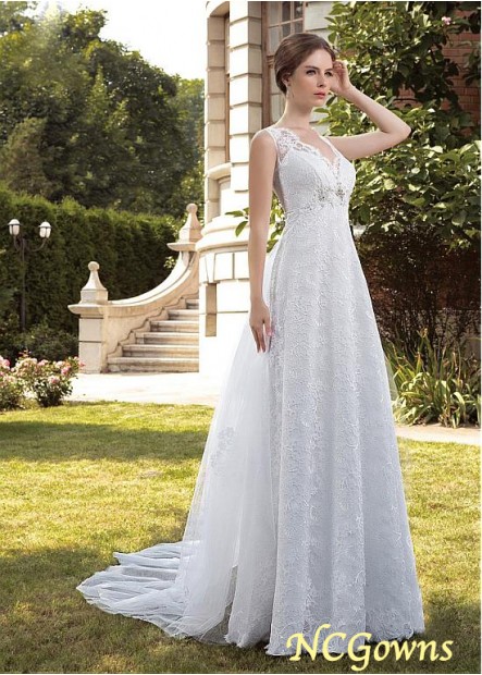Ncgowns Full Length Length Sleeveless Sweetheart Neckline Chapel 30-50Cm Along The Floor Lace Fabric Empire Waistline A-Line Silhouette Wedding Dresses