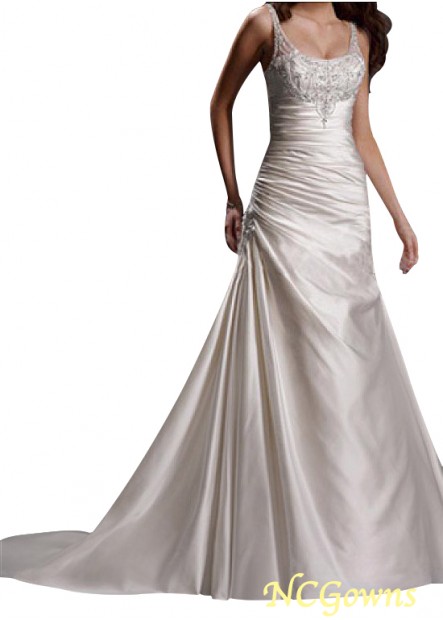 Sleeveless Sleeve Length Satin Full Length A-Line Asymmetrical Waistline Wedding Dresses